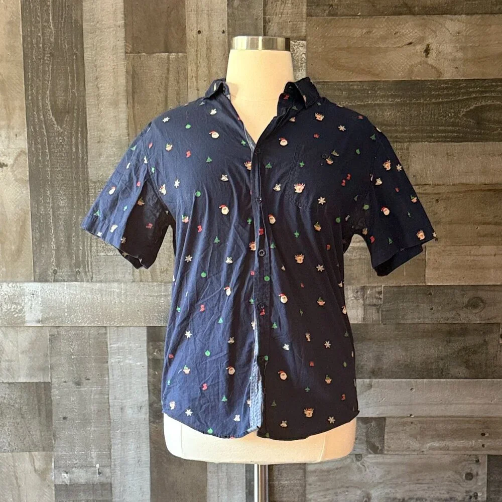 Men's Navy holiday button up shirt xlarge Santa elf Christmas tree reindeer